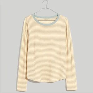 Madewell Cream and Tan Striped Long Sleeve Crewneck Top with Pale Blue Trim